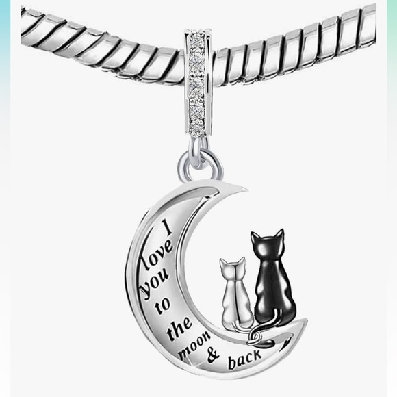 I love you to the moon silver kitten cat with mom cat charm fits all pandoras - Picture 2 of 2